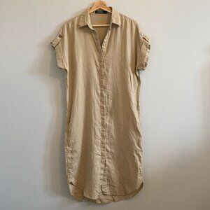 Ralph Lauren 100% Linen Shirt Dress Khaki Midi Safari Old Money Logo Buttons